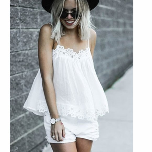 Tops - Cotton Cropped Eyelet Spaghetti Strap Tank Top